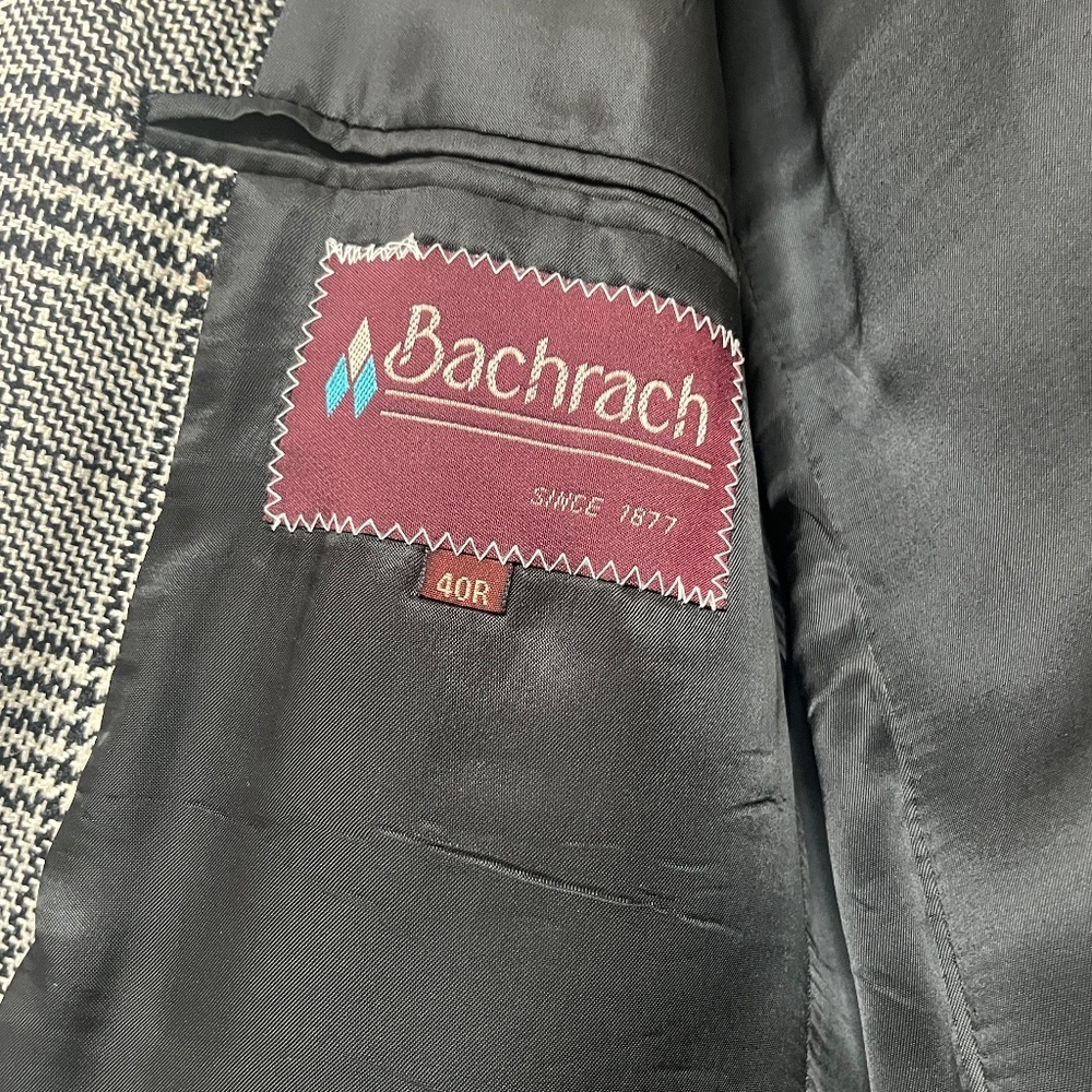 Vintage Bachrach Plaid Blazer 40R 100% Silk Lined Black White Glen Check - Picture 5 of 14